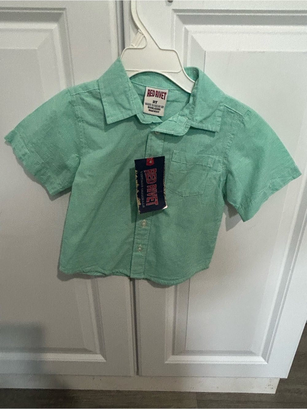 Red Rivet Mint Green Short Sleeve Button-Down Shirt for Kids